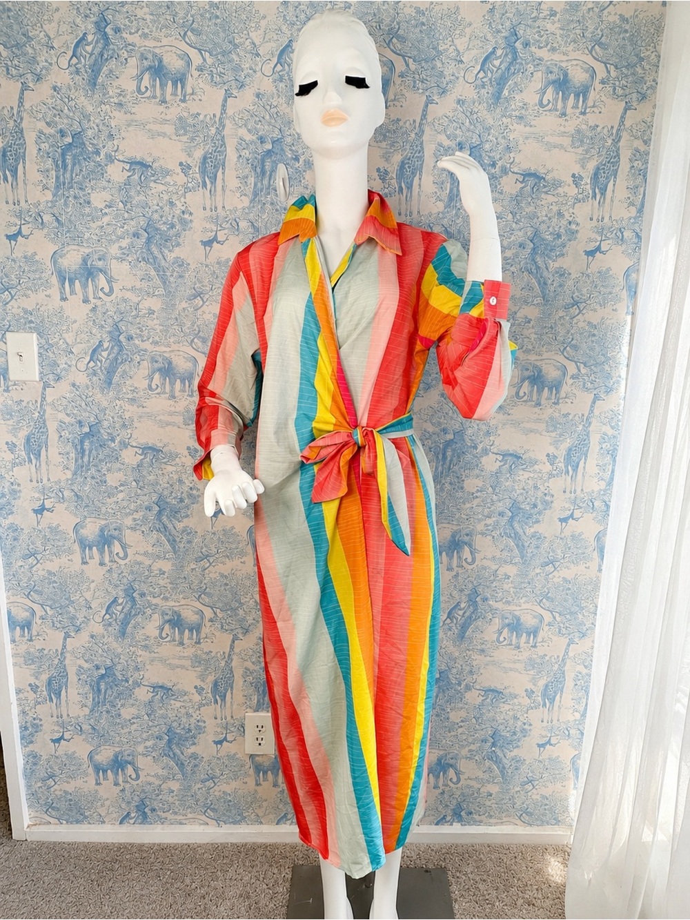 Rainbow Stripe Shirt Dress Midi Tie Waist Resort Vacation Coastal Preppy M